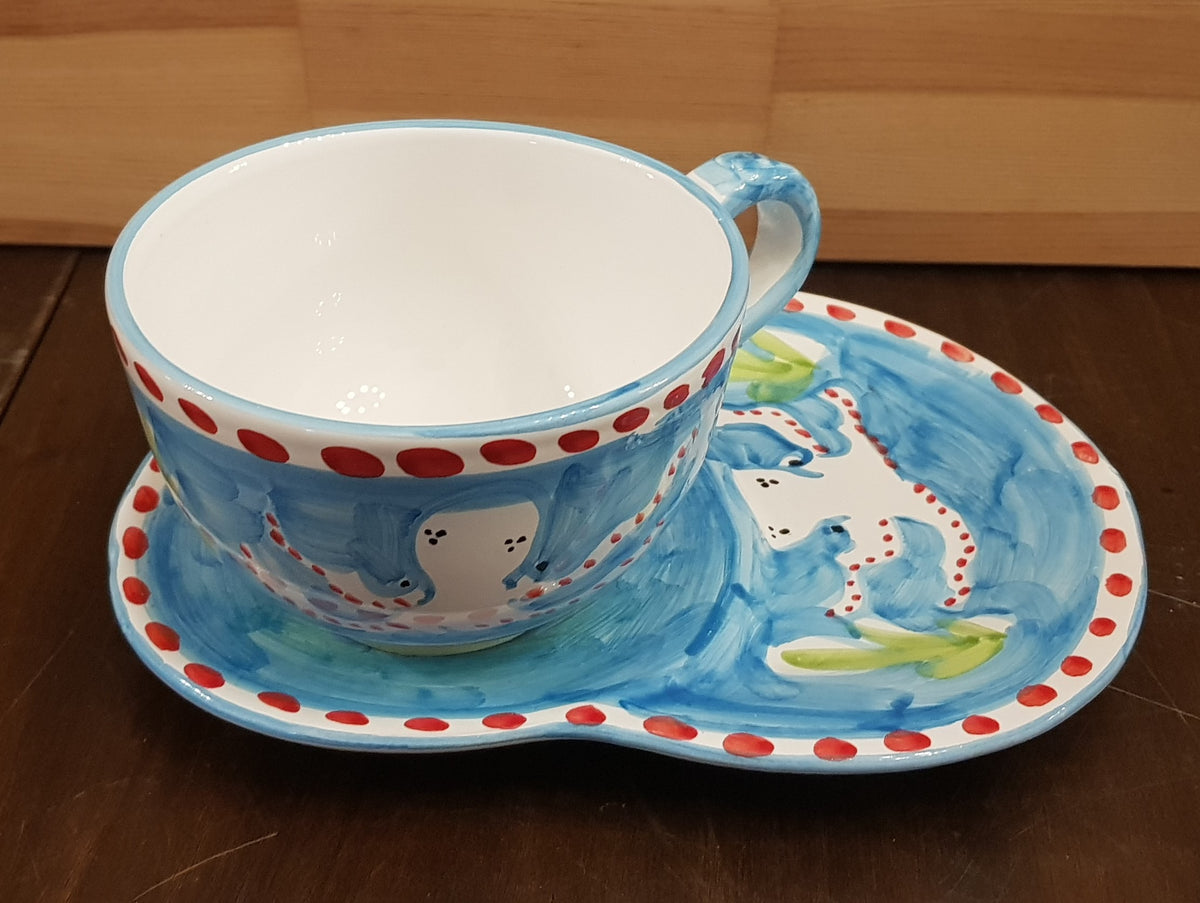 Milk cup with cookie holder, Octopus line, blue background. Hand paint – Vietri  With Love