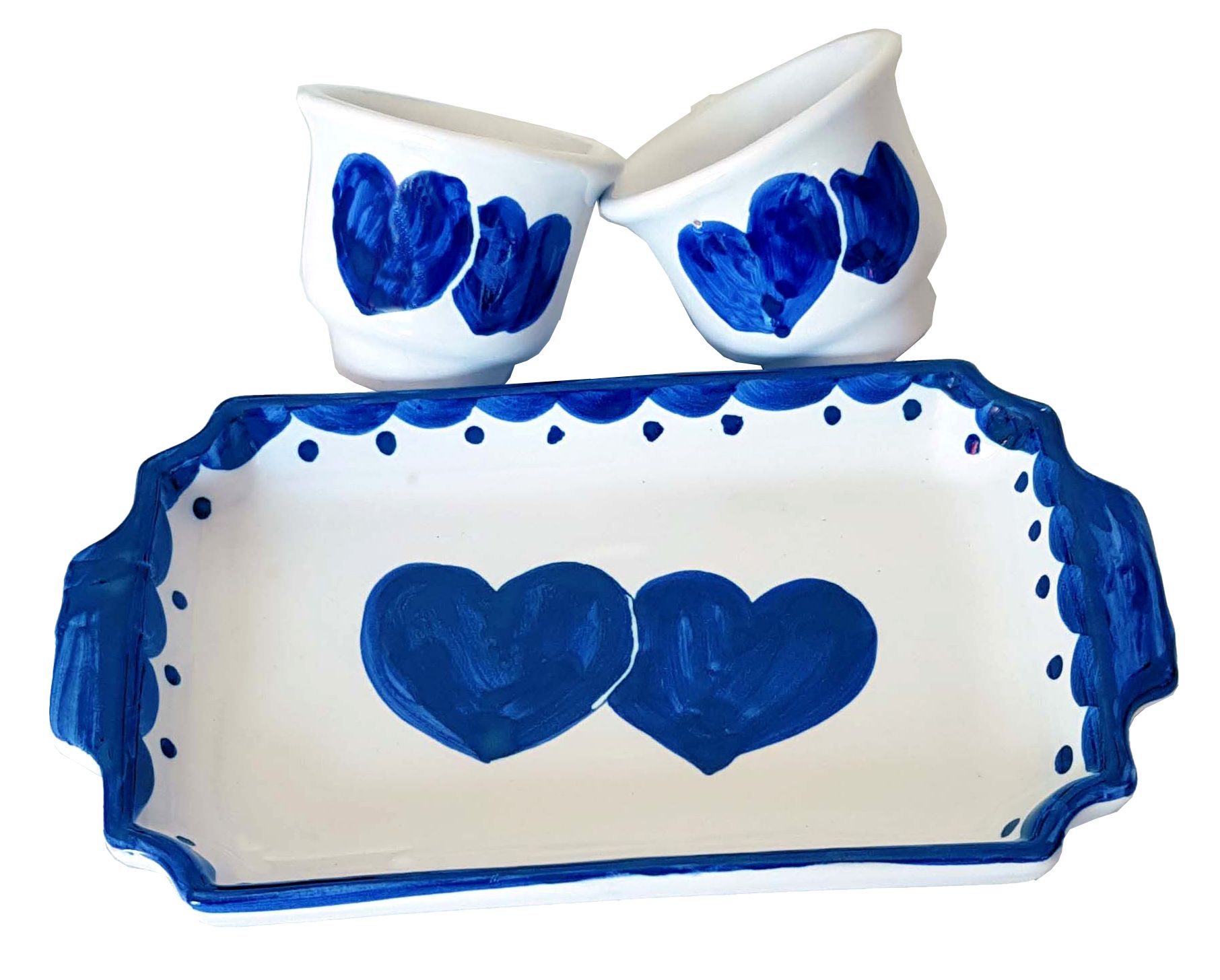 Set di tazzine con vassoio decoro cuori Blu fondo bianco. Ceramica di –  Vietri With Love