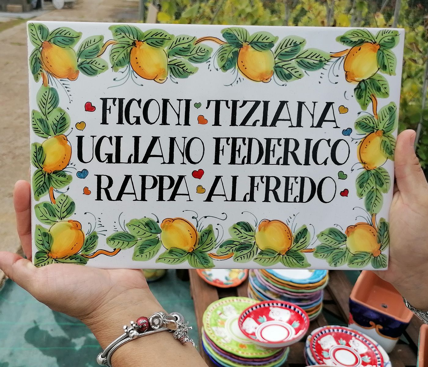 Customizable rectangular plaque with Lemons decoration. Hand painted Vietri  ceramic