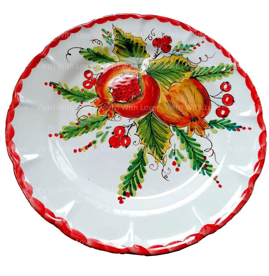 Piatto decoro natalizio Stelle di Natale bordo rosso. Ceramica di Vietri.  Disponibile piano, fondo, frutta/dolce o sottopiatto